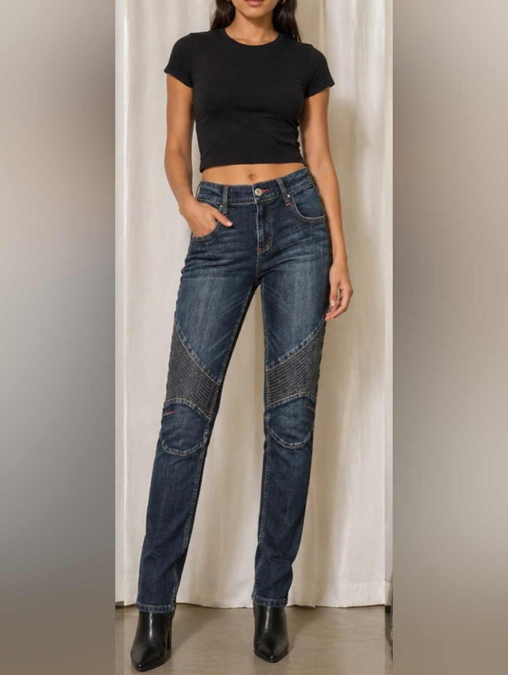 Allen B Schwartz Embroidered Ankle-Zip Moto-Style Skinny Jeans Sz 4 Blue Denim
